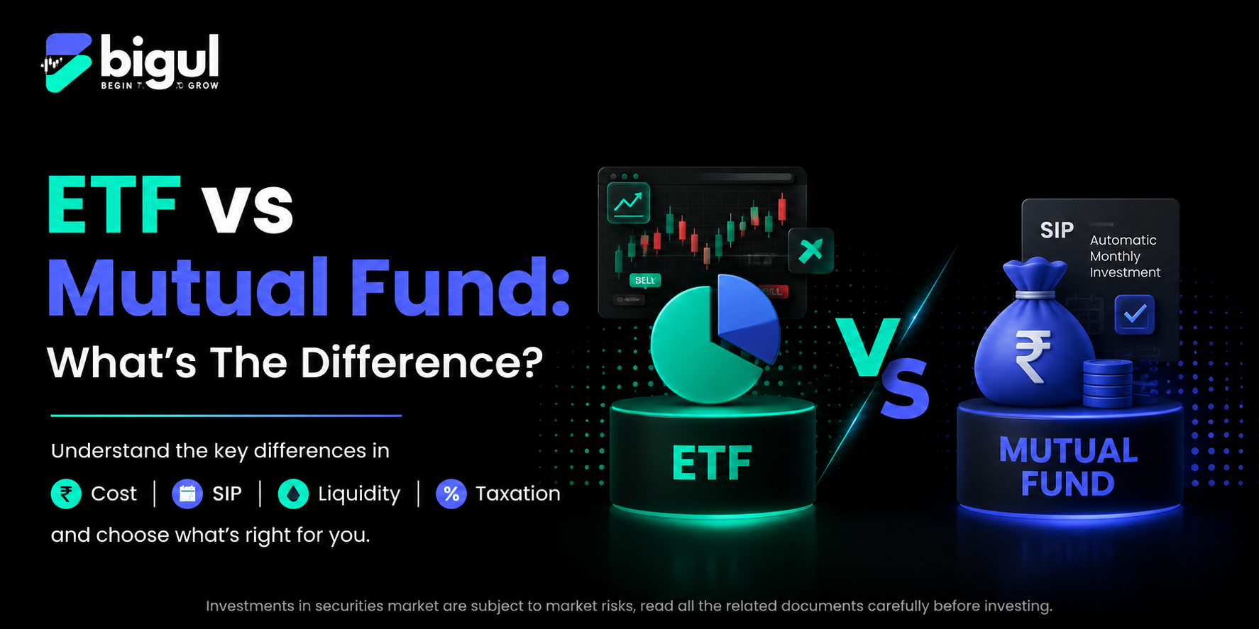 ETF vs mutual fund comparison showing differences in costs, SIP, liquidity, taxation and investment options